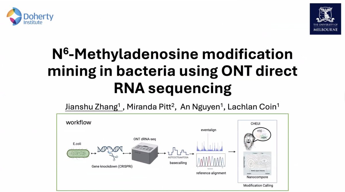 🧬 Join <a href="/JianshuZhang/">Josh Zhang</a> as he investigates the best-performing tools to identify RNA modifications in bacteria using Oxford Nanopore Technologies. Discover possible insights into the bacterial epitranscriptome #MicroSeq2024 #Transcriptomics #RNASeq