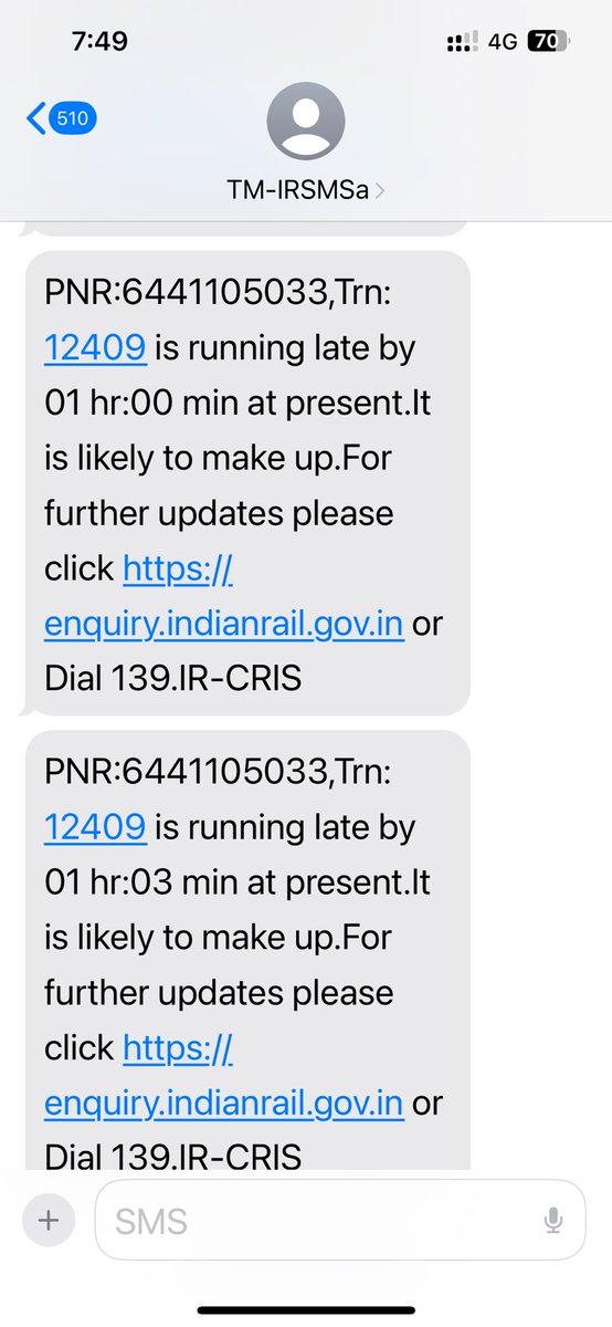 pramodjoshi89's tweet photo. Here is yesterday drama from indian railway i was travelling from bhopal to delhi but my train is left due to indian railway sms i got sms from indian railway my train is late here i have attached ss here and when I reached the station train was gone who is responsible ? https://t.co/WoUMJWEqJv