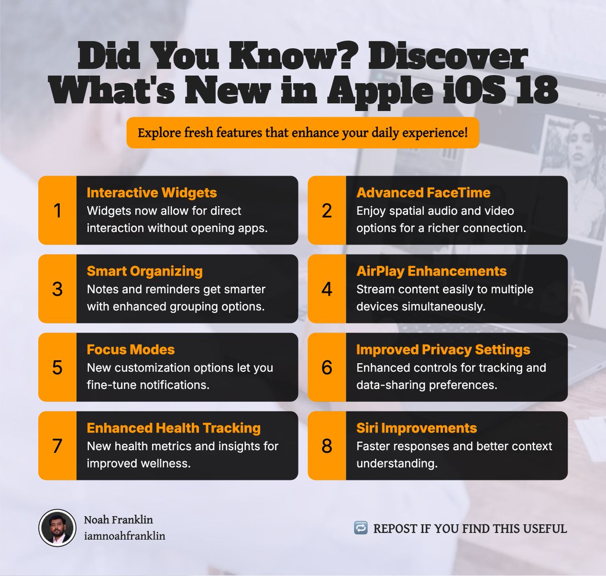 iamnoahfranklin's tweet image. OS 18 has some awesome new tricks up its sleeve! Check out these hidden features and tips. 🍎📱 #iOS18 #AppleEvent #AppleTips