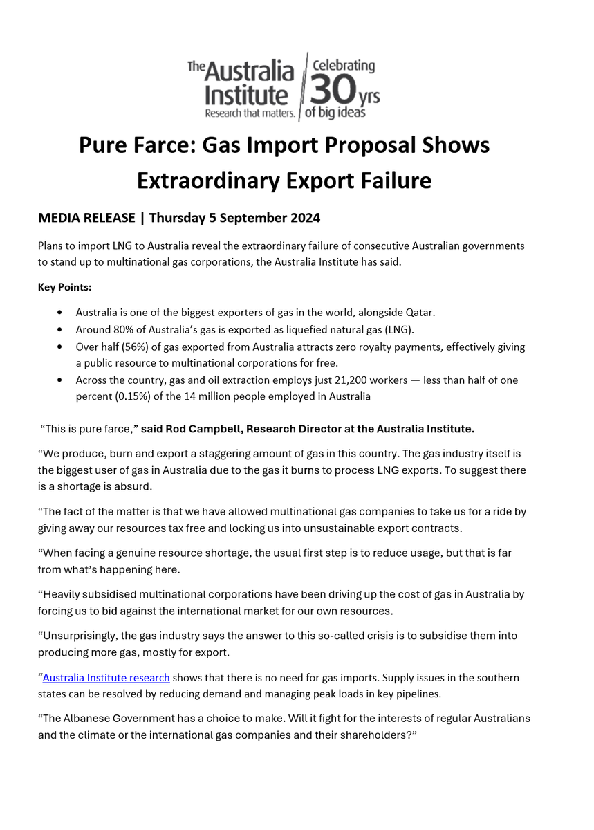 Plans to import gas are pure farce and reveal the failure of consecutive Australian governments to stand up to multinational gas corporations, says Rod Campbell. <a href="/R_o_d_C/">Roderick Campbell</a> #auspol

Read more: australiainstitute.org.au/post/pure-farc…