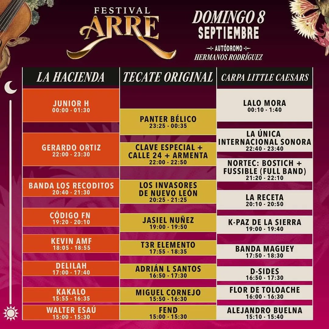 Faltan Tres días para el <a href="/FestivalArre/">Festival Arre</a> y así quedaron los horarios de los dos días para poder disfrutar de @lostigresdelnorte
@elfantasmaoficial
@cardenalesdenuevoleonmx
<a href="/adrielfavela/">adriel favela</a>
<a href="/juniorh/">nelson herrera</a>
@gerardoortizoficial
Entre muchos otros grandes exponentes del Regional Mexicano!!