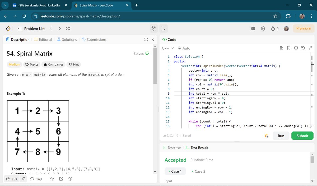 suvakant23's tweet image. 🚀 Day 7 of #10daysofcode
#Leetcode👇
54: Spiral Matrix
Today i solved one interesting 2D Array problem on leetcode. remaining 3 days i'll do more complex problems and Covering new concepts. stay #connected
#DSA #Arrays #learninpublic #buildinpublic