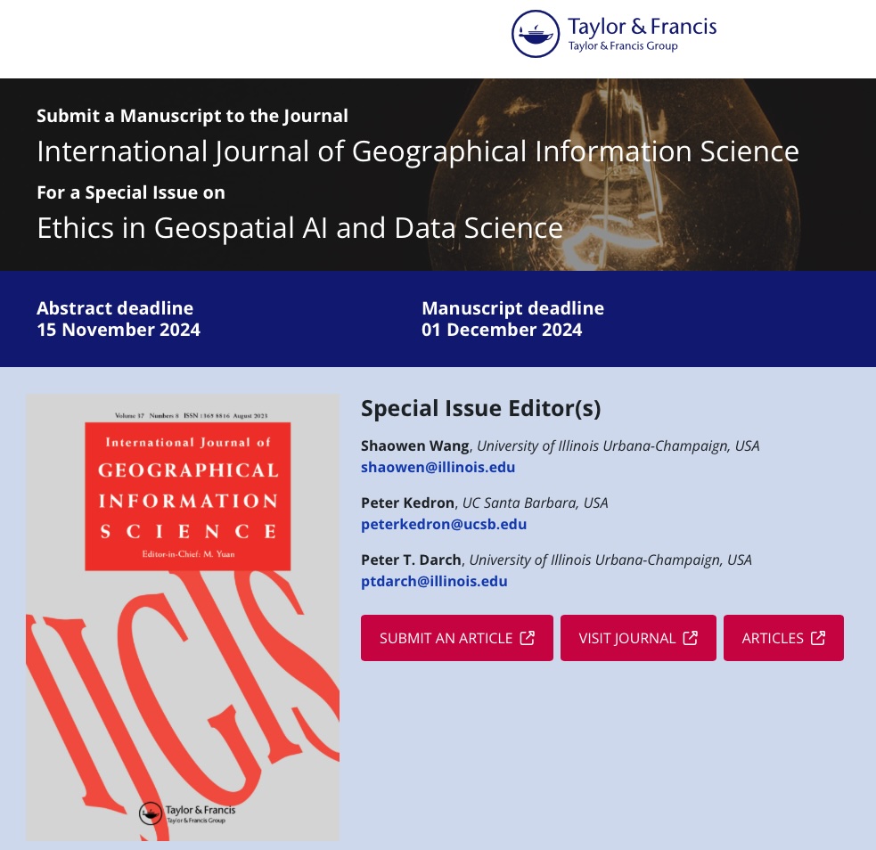 A range of ethical and governance issues arise when applying #geospatial #AI and #DataScience in research, policy-making, and other contexts. We invite you to submit your work to the <a href="/ijgis/">IJGIS</a> Special Issue on Ethics in Geospatial AI and Data Science: think.taylorandfrancis.com/special_issues….