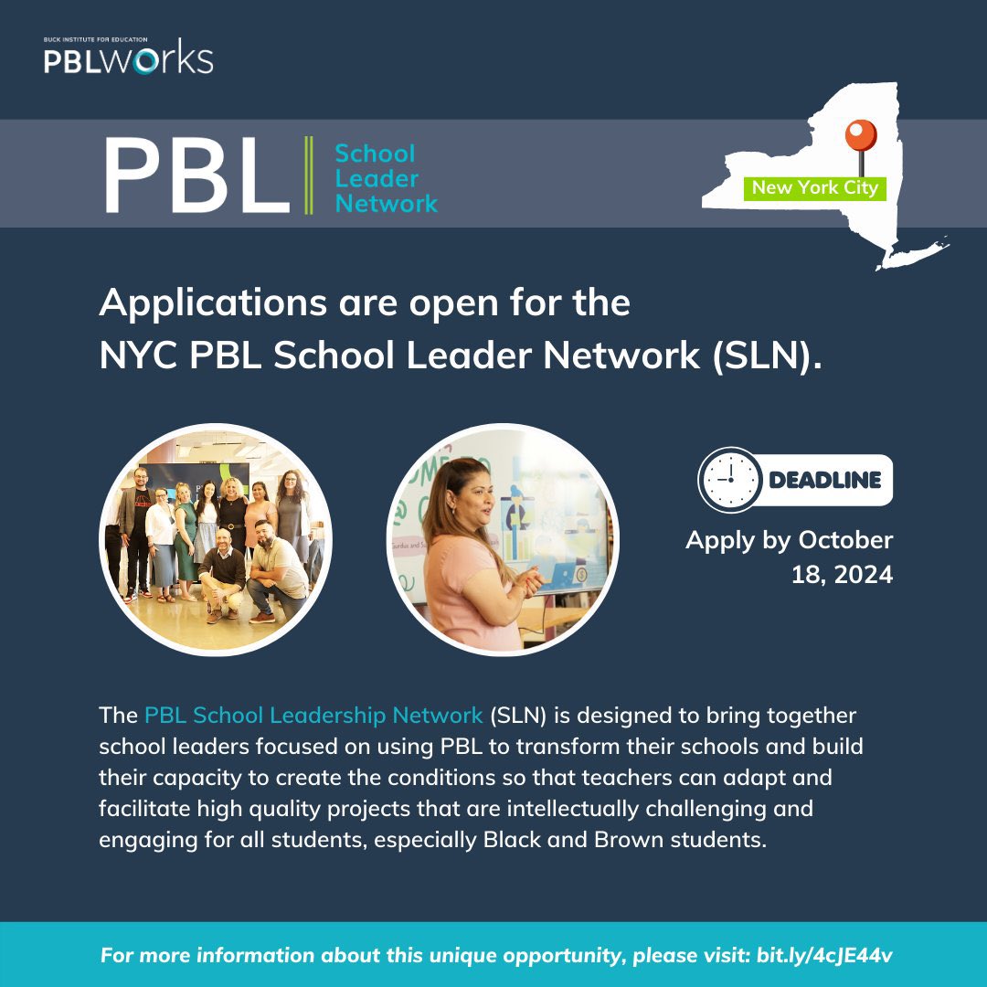 Are you a #NYC school leader committed to advancing deeper learning in your school through Project Based Learning?

We are excited to share that PBLWorks is now accepting applications for the NYC PBL School Leader Network (SLN). 

Learn more here: bit.ly/4cJE44v
