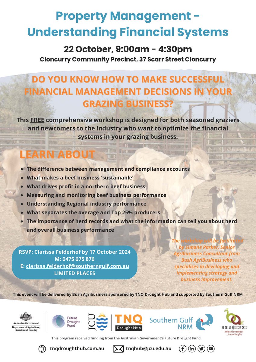 Southern Gulf NRM (@southerngulf) on Twitter photo π’ Graziers in Cloncurry! Join us on Oct 22 for a FREE workshop to improve your financial systems and boost your business performance.
ποΈ Oct 22 | π 9 AM β 4:30 PM | π Cloncurry Community Precinct
RSVP by Oct 17: clarissa.felderhof@southerngulf.com.au | 0475 675 876 π’ Graziers in Cloncurry! Join us on Oct 22 for a FREE workshop to improve your financial systems and boost your business performance.
ποΈ Oct 22 | π 9 AM β 4:30 PM | π Cloncurry Community Precinct
RSVP by Oct 17: clarissa.felderhof@southerngulf.com.au | 0475 675 876