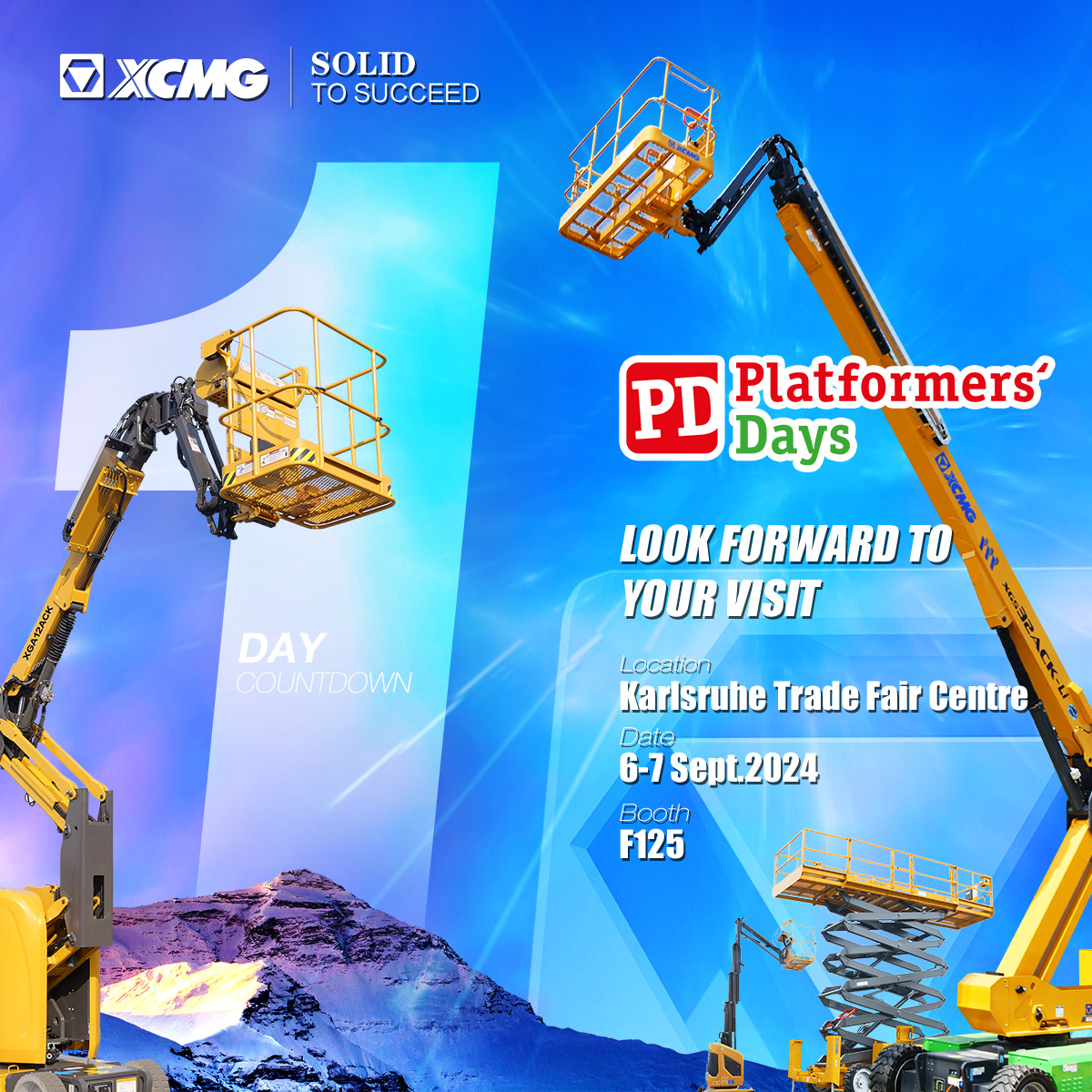 XCMGGroup's tweet photo. ✨ Platformers' Days starts tomorrow at Karlsruhe Trade Fair Centre.  

Get ready for an exciting showcase of aerial work platforms at booth F125.

#XCMG  #SolidtoSucceed  #PlatformersDays #Countdown https://t.co/w8EXSF1hFN
