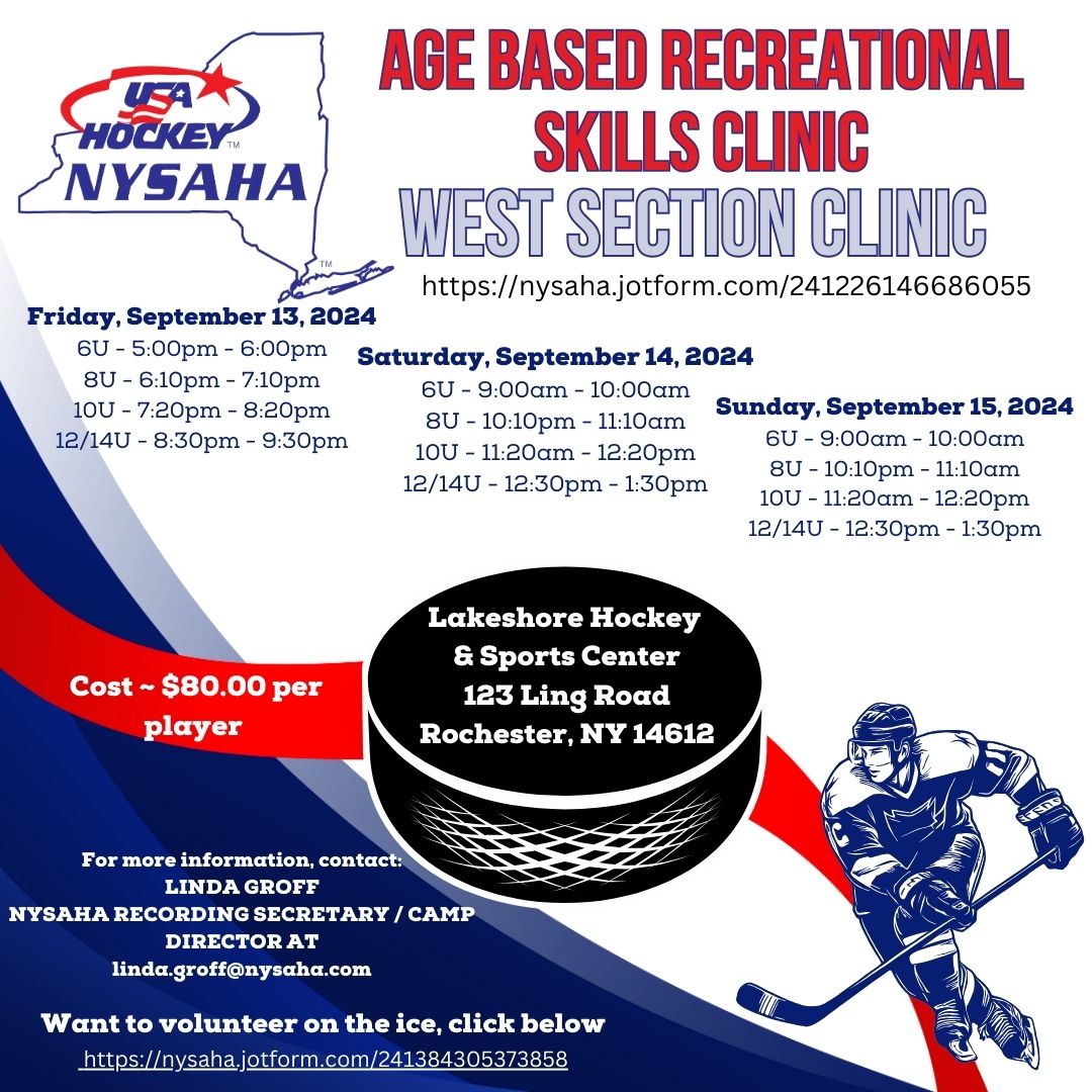 There's still time to register for the next Age Based Recreational Skills Clinic at the Lakeshore Hockey &amp; Sports Center in Rochester. Get ahead of the competition by registering at nysaha.jotform.com/241226146686055