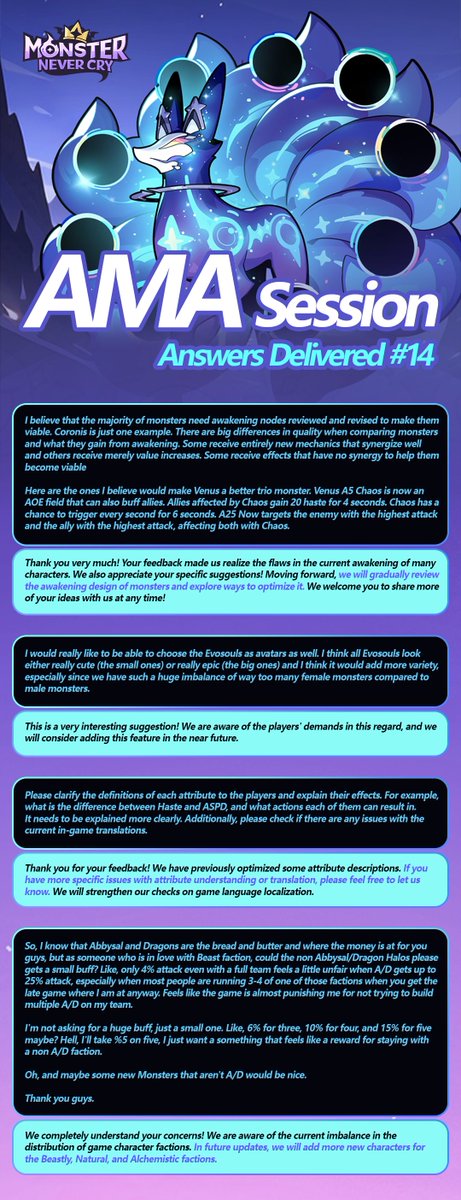 Global2Mmc's tweet photo. Dear Demon Lords,    

We are so excited to bring you the AMA Session Answers Delivered #14. In this session, we’ve tackled the most pressing issues you’ve raised, and are pleased to share our recent adjustment plans.    

The MNC Team https://t.co/vp6QGSIdtr