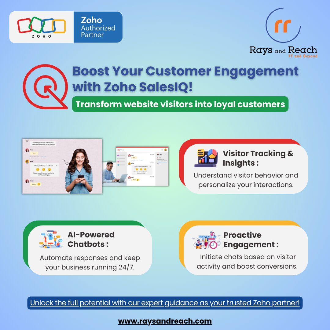 Rays_and_Reach's tweet image. Boost your customer engagement with @ZohoSalesIQ.  It&apos;s packed with features like AI chatbots and real-time tracking to turn visitors into customers. 

Connect with us at contact@raysandreach.com 

@Zoho #ZohoPartner #WebsiteVisitor #CustomerEngagement #Track #AI