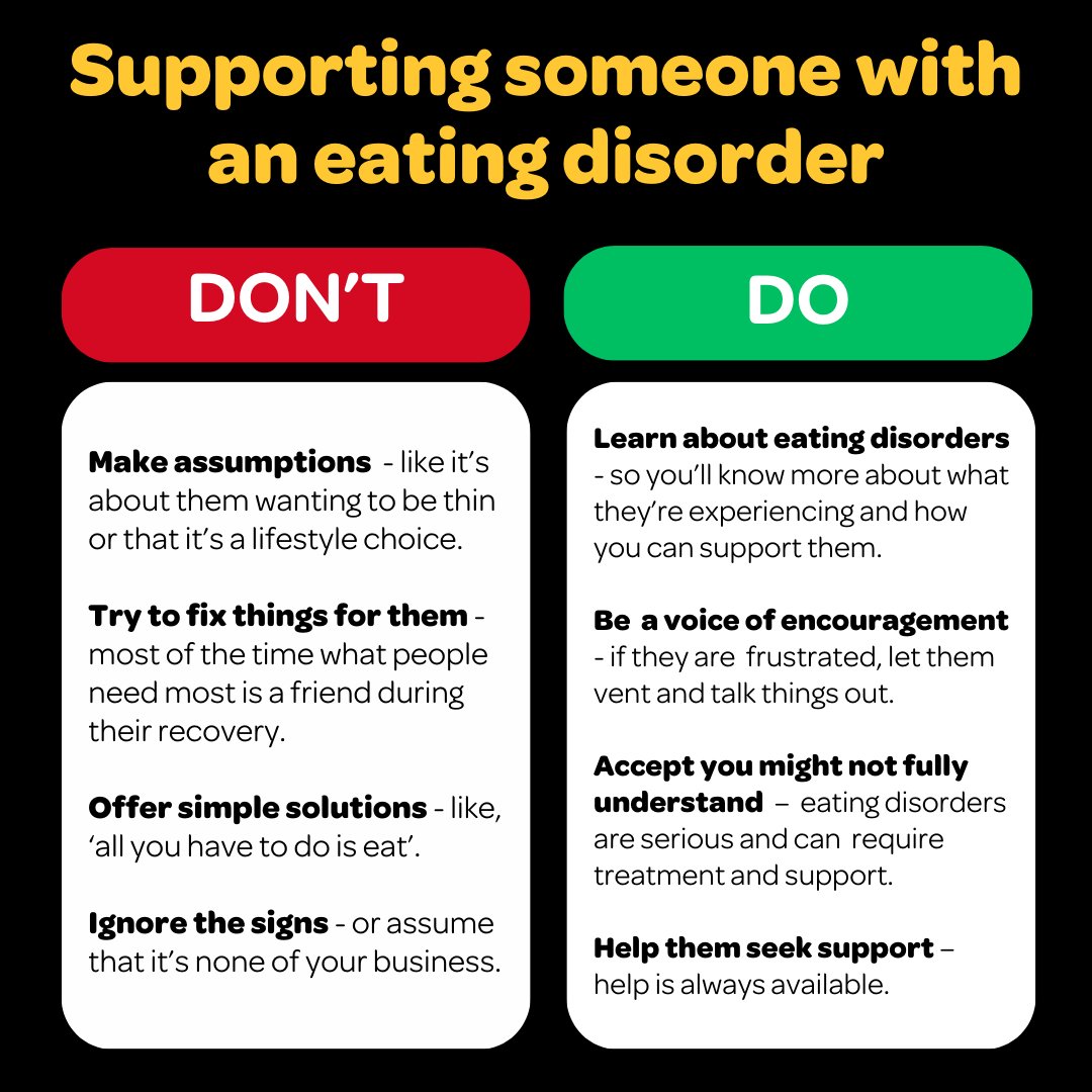 This week is Body Image and Eating Disorders Awareness Week (#BIEDAW)

Knowing what to say and do to support someone with an eating disorder can be challenging, but it can make a huge difference in their recovery.

That's why we've worked with @BFoundation to come up with some