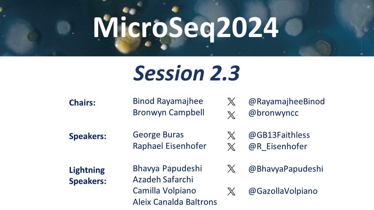MicroSeq2024 (@microseq_asm) on Twitter photo Welcome to #MicroSeq2024 session 2.3! Your chairs for this session are <a href="/RayamajheeBinod/">Binod Rayamajhee 🇳🇵</a> and <a href="/bronwyncc/">Bronwyn Campbell</a>. We’ll hear from <a href="/GB13Faithless/">George Bouras</a> and @R_Eisenhofer, with lightning talks from @BhavyaPapudeshi Azadeh Safarchi <a href="/GazollaVolpiano/">Camila Gazolla Volpiano</a> and Aleix Canalda Baltrons! Welcome to #MicroSeq2024 session 2.3! Your chairs for this session are <a href="/RayamajheeBinod/">Binod Rayamajhee 🇳🇵</a> and <a href="/bronwyncc/">Bronwyn Campbell</a>. We’ll hear from <a href="/GB13Faithless/">George Bouras</a> and @R_Eisenhofer, with lightning talks from @BhavyaPapudeshi Azadeh Safarchi <a href="/GazollaVolpiano/">Camila Gazolla Volpiano</a> and Aleix Canalda Baltrons!