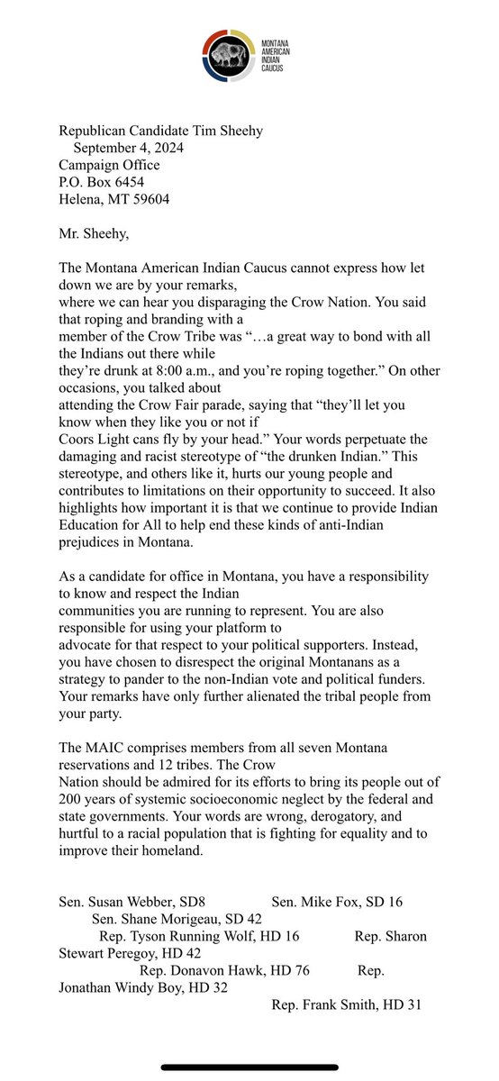 Letter from Montana’s American Indian Caucus to Tim Sheehy #mtpol #mtnews