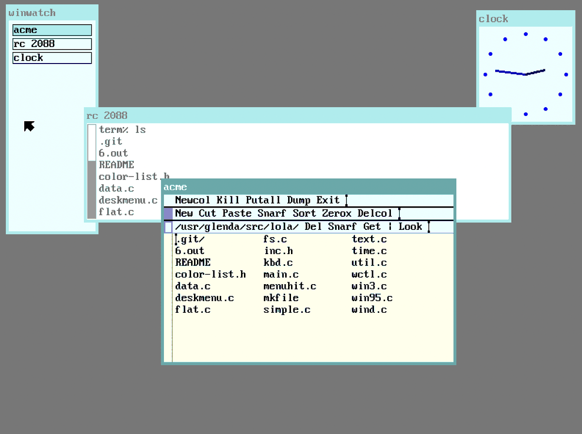 ludbald's tweet image. Found a windowing system for #9front/#plan9 called "Lola", I think i like it.
Sauce: shithub.us/aap/lola/HEAD/…