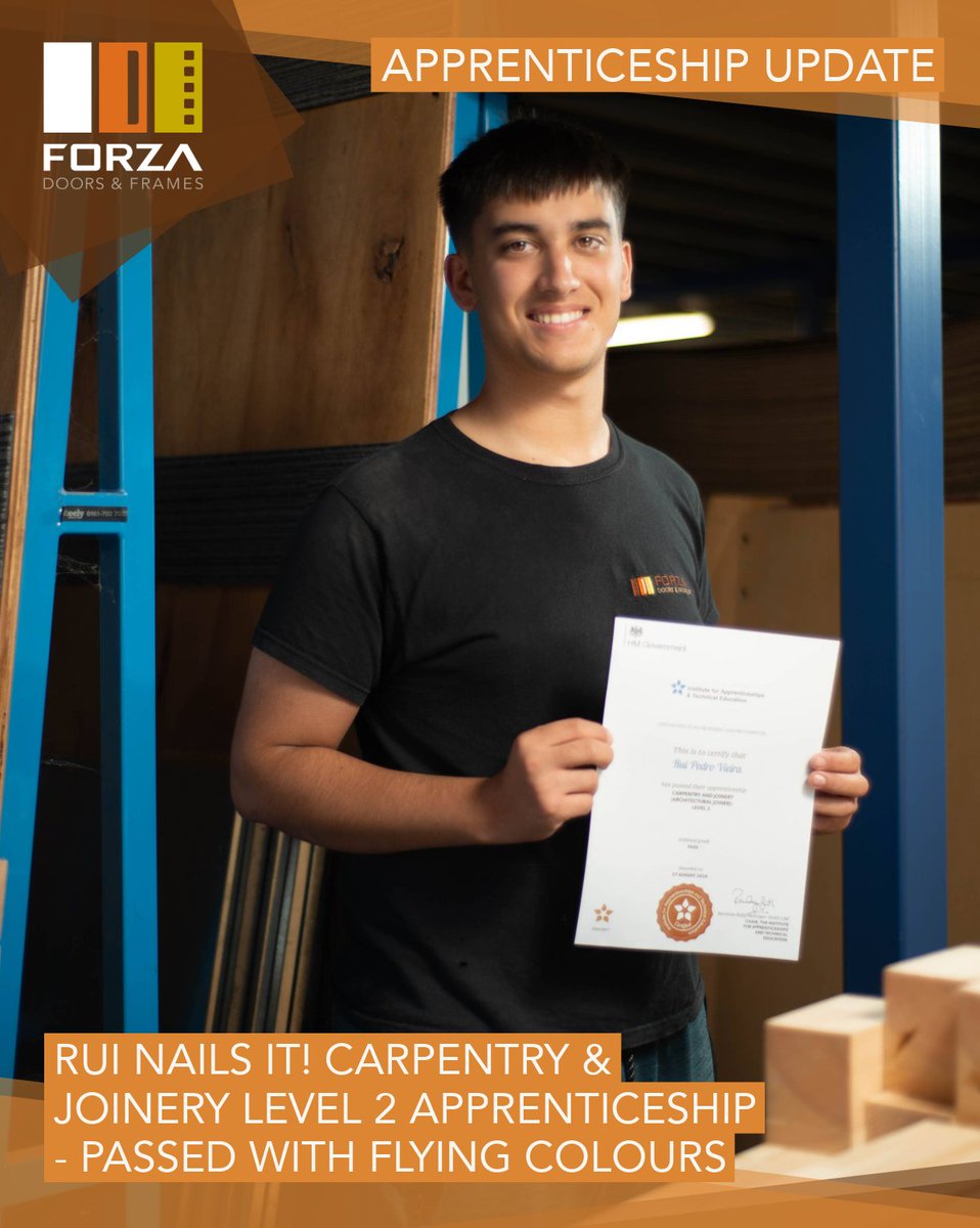 Congratulations to our very own Rui Vieira on successfully completing his Carpentry and Joinery Level 2 apprenticeship! 🎉🔨

His newfound expertise will be a fantastic asset to Forza Doors and we can't wait to see what Rui will accomplish next.

Great job, Rui! 👏