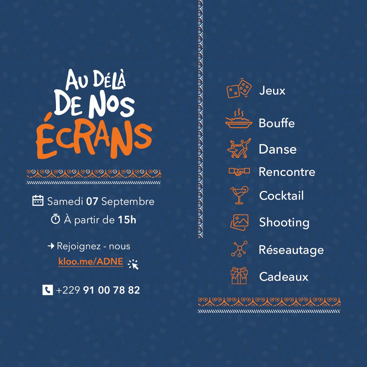 Mon ami et frère <a href="/sergemahugnon/">Serge Mahugnon</a> nous invite pour un Samedi au delà de nos écrans à partir de 15h avec un programme alléchant et des guests de qualité. 
Vous avez encore le temps de nous rejoindre sur : kloo.me/ADNE