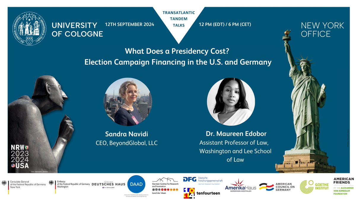🚨💰Today in a week! Save your online spot for our next Transatlantic Tandem Talk “What Does A Presidency Cost? Election Campaign Financing in the U.S. and Germany”: amerikahaus-nrw.de/de/eventdetail…

🇺🇸🇩🇪

🔜We hope you can join us!

#internationalaffairs #election #US #germany #Campaign