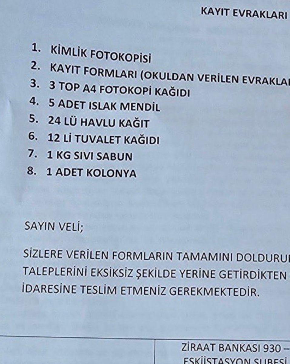Kayıt için istenenlere bakın demek yerine. Bir okul neden velisinden tuvalet kağıdı, sabun istemek zorunda kalıyor, diye soralım. Okul yönetmek sadece dersleri planlamak değildir. Okulun temizliği, hijyeni, ısınması-soğutması, bahçesi ile de ilgilenmektir.