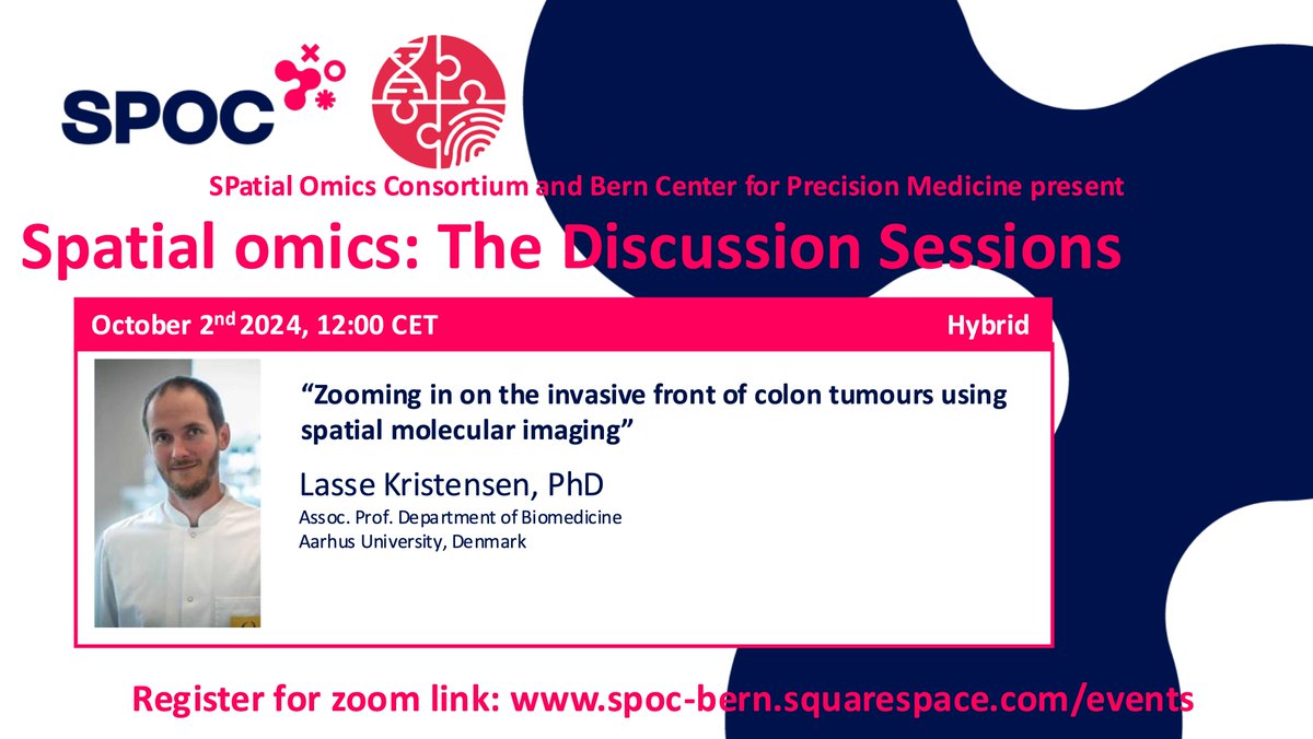 Bern Center for Precision Medicine (@pmbern) on Twitter photo 📅 Do not miss our next <a href="/SPOC_Bern/">SPOC bern</a>/#BCPM joint #SpatialOmics seminar October 2nd, 12 noon CET with <a href="/Kristensen_Lab/">Lasse Sommer Kristensen</a> in person and via Zoom.
#ColonCancer
Registration and info:
👉spoc-bern.squarespace.com/events
<a href="/igmp_unibern/">Institute of Tissue Medicine and Pathology</a> <a href="/unibern/">Universität Bern</a> <a href="/inselgruppe/">Insel Gruppe</a> <a href="/DBMR_UniBe/">BioMedical Research</a> <a href="/MarkARubin1/">Mark A. Rubin</a> <a href="/SPOC_Bern/">SPOC bern</a> 📅 Do not miss our next <a href="/SPOC_Bern/">SPOC bern</a>/#BCPM joint #SpatialOmics seminar October 2nd, 12 noon CET with <a href="/Kristensen_Lab/">Lasse Sommer Kristensen</a> in person and via Zoom.
#ColonCancer
Registration and info:
👉spoc-bern.squarespace.com/events
<a href="/igmp_unibern/">Institute of Tissue Medicine and Pathology</a> <a href="/unibern/">Universität Bern</a> <a href="/inselgruppe/">Insel Gruppe</a> <a href="/DBMR_UniBe/">BioMedical Research</a> <a href="/MarkARubin1/">Mark A. Rubin</a> <a href="/SPOC_Bern/">SPOC bern</a>