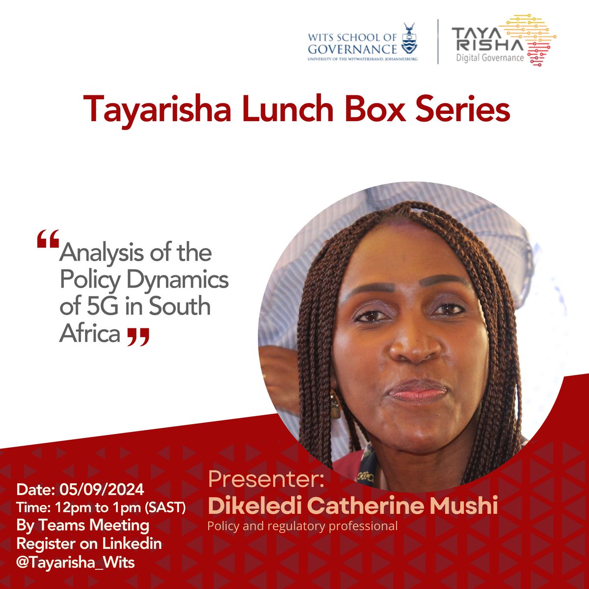 Our monthly #TayarishaLunchBox will happen today at 12pm (SAST). We are going to host a talk presented by Dikeledi Catherine Mushi. Join us online: t.ly/Z85tB
