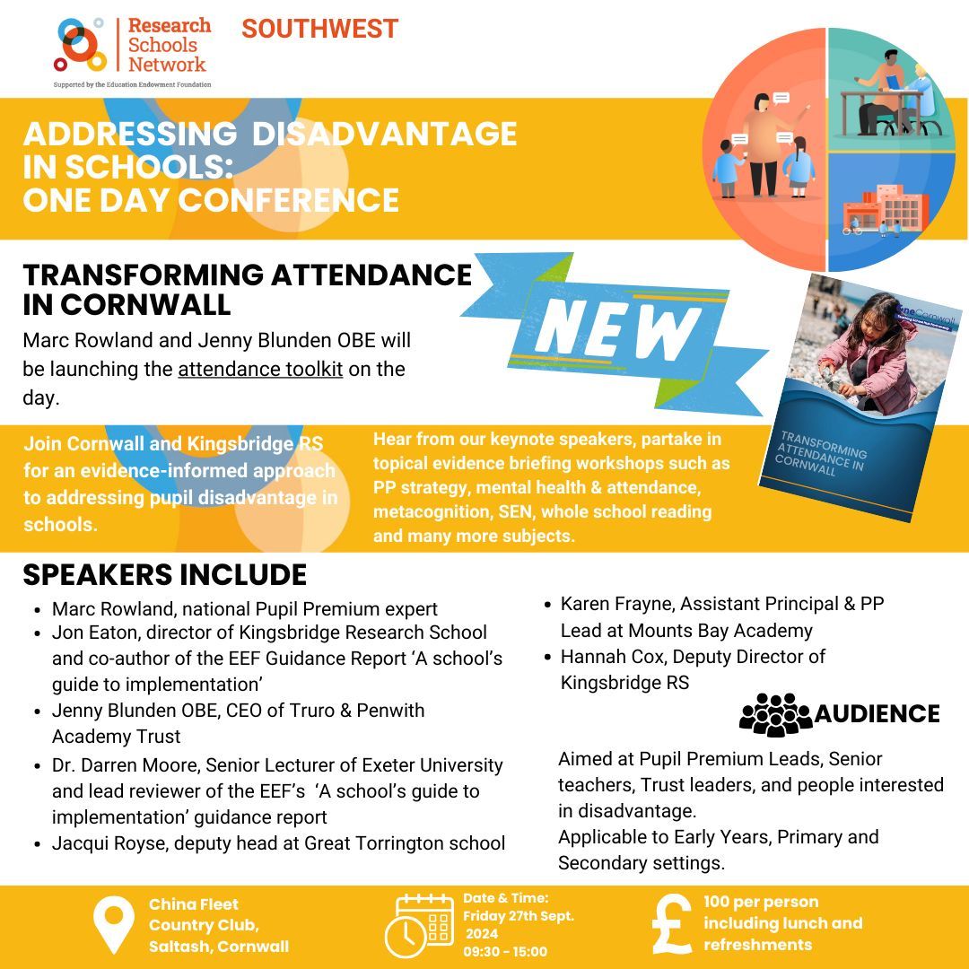 RSNCornwall's tweet image. 📢 Calling all SW Pupil Premium Leads, Trust and Senior leaders. Book Addressing Disadvantage in Schools conference on Friday 27th Sept and hear from a range of speakers to discuss how your settings can address disadvantage for pupils.
Register at buff.ly/4gneyoW