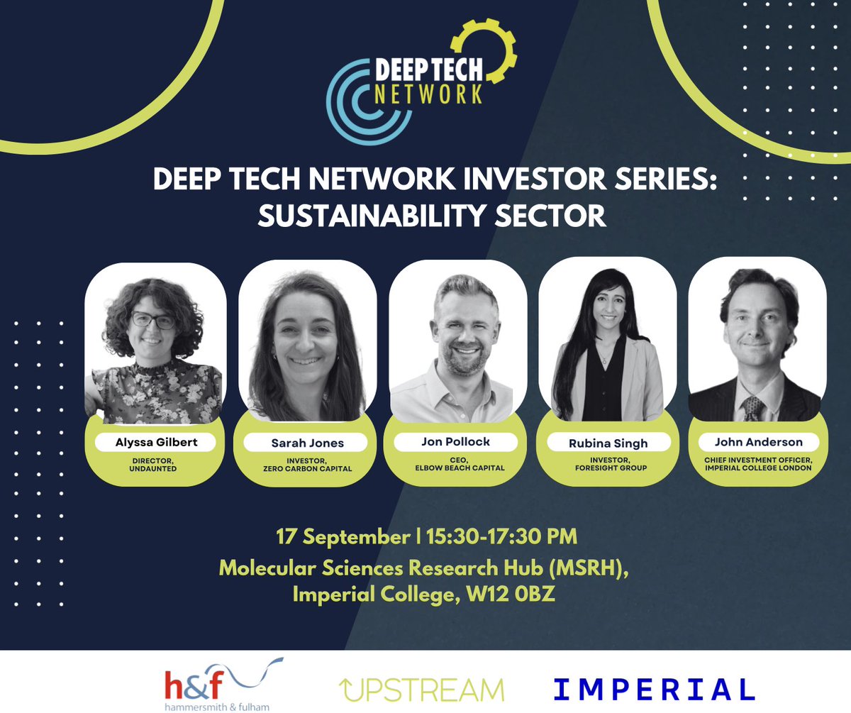 UKTNofficial's tweet image. 🔎 @imperialcollege and @HelloUpstream invite you to the next #DeepTechNetwork event: Investor Series- Sustainability.
This event is a fantastic opportunity to connect with top #investors and network over drinks and pizza.🍕🍹
Apply now to secure your spot!:…