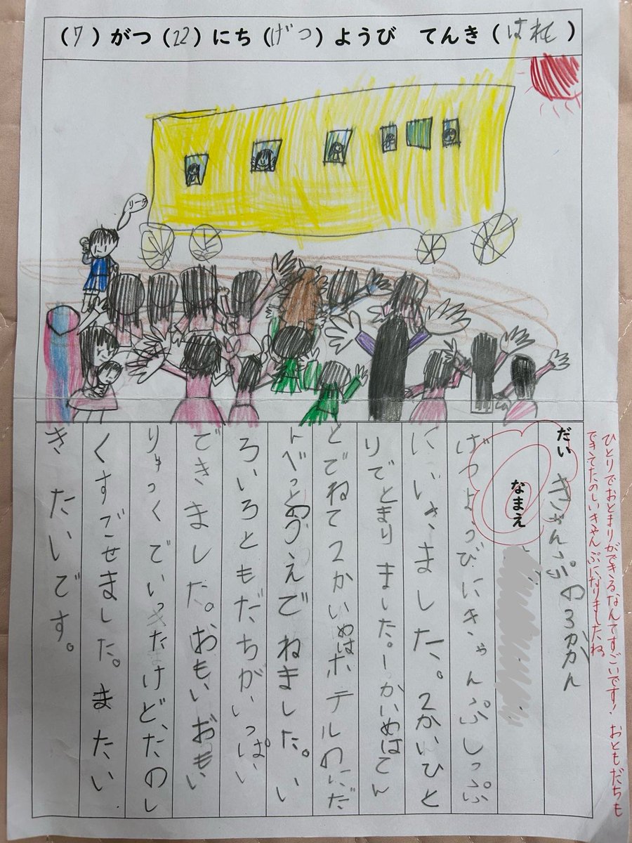 7月の八ヶ岳プログラムに参加してくれた小学校1年生の絵日記(保護者の方に許可を得て共有)

彼女にとってこの2泊3日はそれはそれは大きな挑戦だったと思う

僕たちがCAMPSHIP ACADEMYを通じて届けたい価値を見事に表現してくれている、素晴らしい日記でした

ちなみに左にいる青いTシャツがトム(僕)