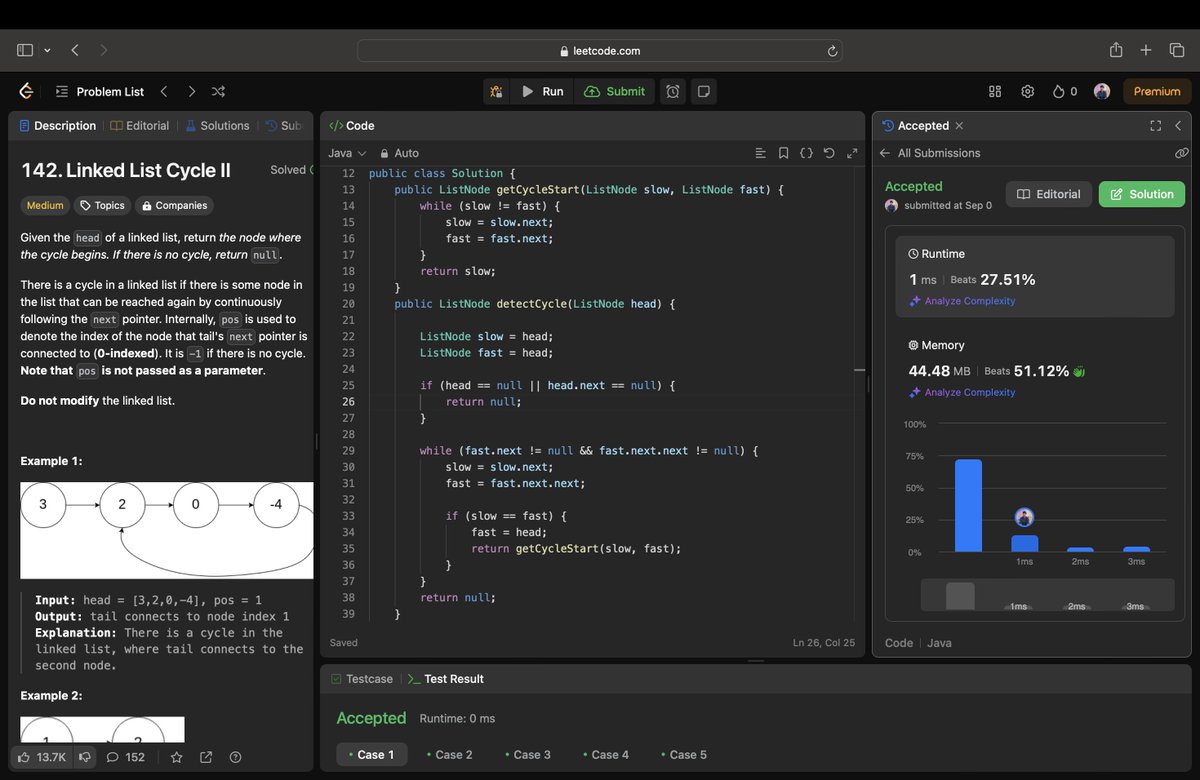 SureshJat012's tweet image. Solved LeetCode 142: Linked List Cycle II! 🌀
Used the two-pointer technique to detect and locate the cycle's start node efficiently in O(n) time. Another step forward in mastering linked lists! 💪
#LeetCode #DataStructures #LinkedLists #CodingChallenge #AlgorithmicThinking