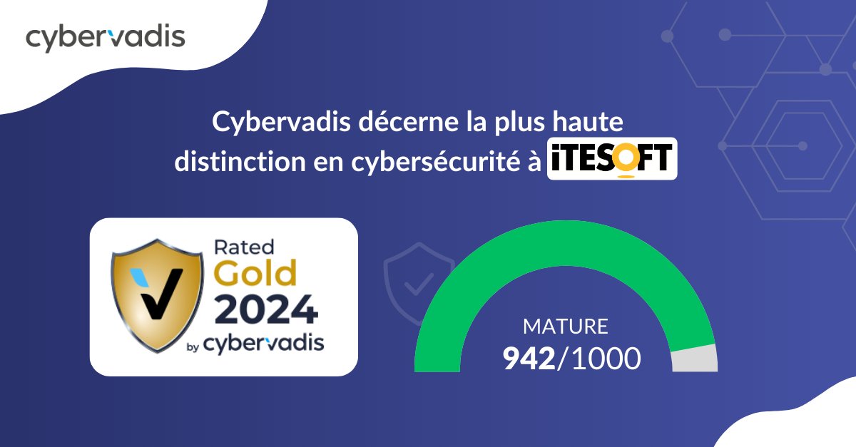 Fierté🥇Une nouvelle médaille cybersécurité. ITESOFT tout en haut de l'échelle sécurité : Cybervadis Gold 2024 en obtenant la meilleure notation "Mature" 942/1000. 
📢Mieux identifier, mieux protéger, mieux détecter, mieux réagir face aux risques et aux cyberattaques.