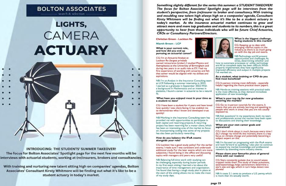 In our series for <a href="/actuarialpost/">Actuarial Post</a>, our Spotlight page is having a summer student takeover with interviews from the student's perspective. This month Kirsty Whitmore interviews Christian Green <a href="/Lockton/">Lockton</a> Re &amp; Niamh Brown, @LCP_Actuaries  bit.ly/3Pice6x