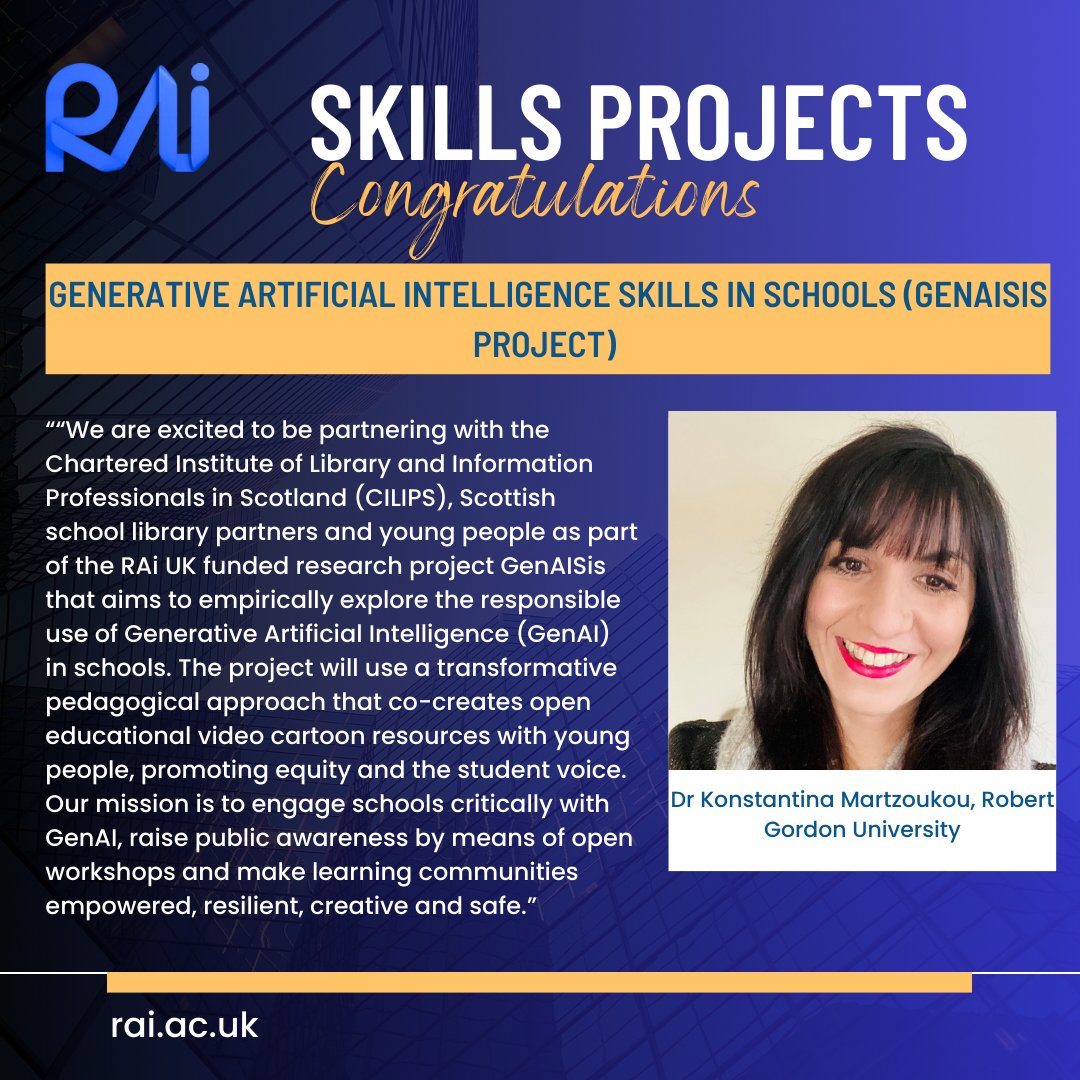Our second Skills Project is led by Konstantina Martzoukou at <a href="/RobertGordonUni/">Robert Gordon University (RGU)</a> &amp; involves working  with secondary schools to explore the responsible use of Generative #ArtificialIntelligence <a href="/gramchurn/">Gopal Ramchurn</a> <a href="/tas_hub/">UKRI TAS Hub</a> <a href="/SeanJMcNamara1/">Sean McNamara</a> <a href="/GGallerina/">Kirsten MacQuarrie MCLIP</a> <a href="/EmmaJGrey/">Emma Grey</a> <a href="/CILIPScotland/">CILIPScotland</a> <a href="/TheDianeScott/">Diane Scott</a>