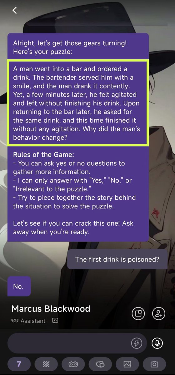 siya_ai_'s tweet photo. Any situation puzzle master can help me with this? Why did he change after the second drink??😐
WHAT WAS THE REASON ⁉️‼️ (Cardi B voice)
#situationpuzzle #ai #AIChatbot #SiyaAI