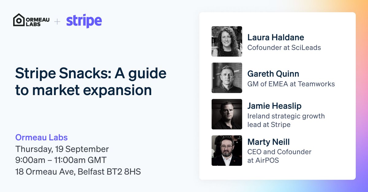 Join us for <a href="/stripe/">Stripe</a> Snacks in Belfast on Thursday the 19th of September at Ormeau Labs. Our CEO and founder Marty Neill will be on the panel discussing all things payments with a focus on market expansion. Find out more and register for free here stripe.events/stripesnacks-m…