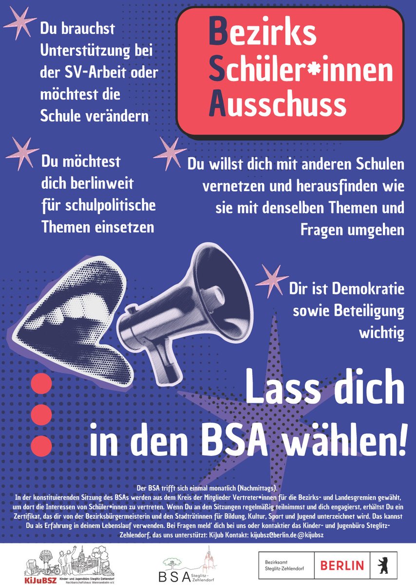 basz_berlin's tweet photo. 🌟Lassen Sie sich in den Bezirksschülerausschuss (BSA) #Steglitz-#Zehlendorf wählen und gestalten Sie Ihre Schule und den Bezirk aktiv mit! 📚 Nutzen Sie Ihre Chance, die Interessen Ihrer Mitschüler zu vertreten.

ℹ️https://t.co/6FqFl3XvLA https://t.co/99s3vJTNQg