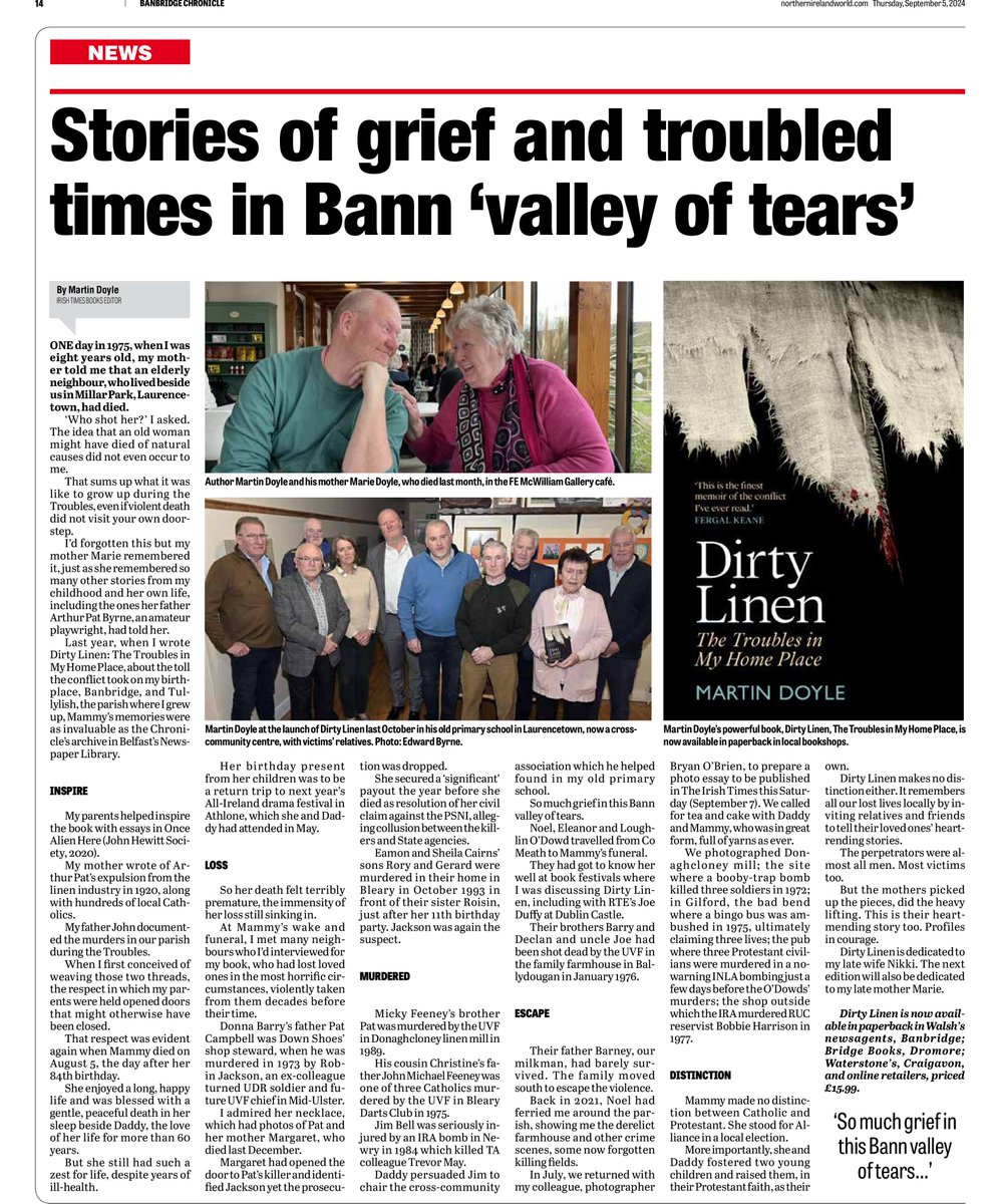 Thanks to the Banbridge Chronicle for the chance to pay tribute to my late mother Marie's huge contribution to my book, Dirty Linen: The Troubles in my Home Place. She shared a host of stories and memories and opened so many doors because of the respect in which she was held.