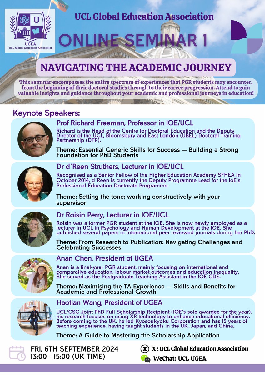 The first online seminar of the UCL Global Education Association (UGEA) will take place tomorrow! Five keynote speakers from UCL, including experts, early career researchers, and PGR students, will provide valuable insights and guidance throughout your academic journeys. #UCL