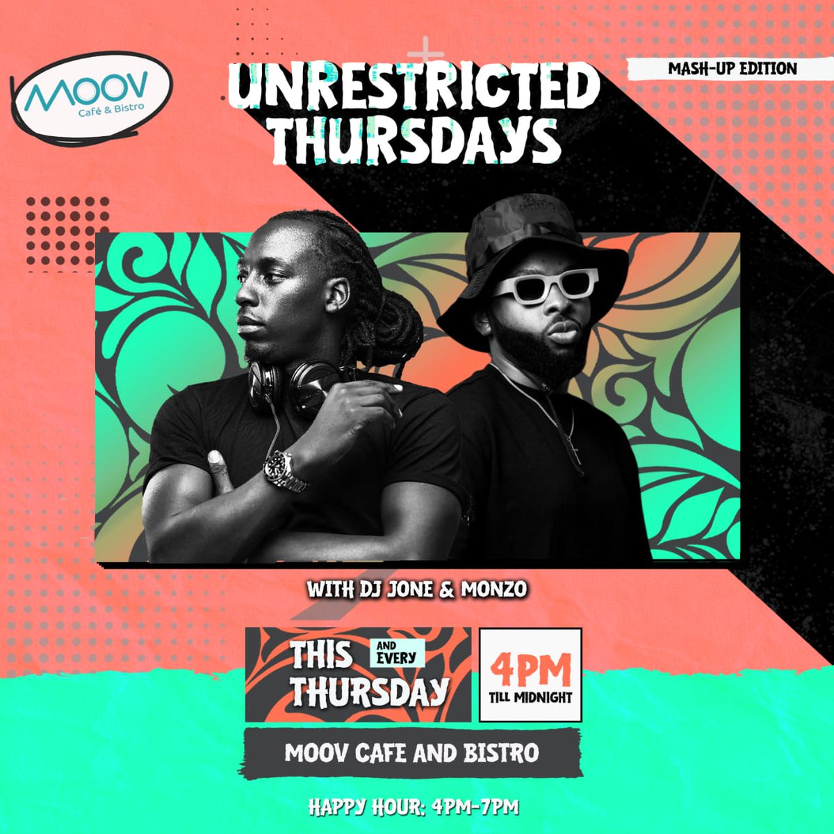 #unrestrictedThursdays Vibes going up from 9pm with man like Monzo! The Mash-Up Edition is finna be lit!
.
.
.
Happy Hour 4pm - 7pm