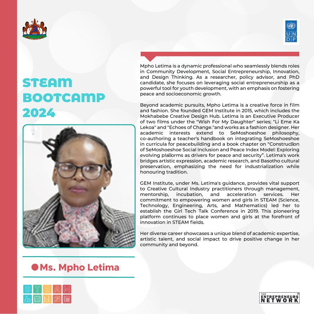DAY FIVE of the #STEAM2024 Bootcamp, and the STEAMers are diving into the theme of Tech in Business with our accomplished facilitators for the day!
Stay tuned to see how the day turns out for the Steamers! 

#STEAM2024 #LesothoSTEAMing2024 #LesothoInnovates #UNPDLesotho