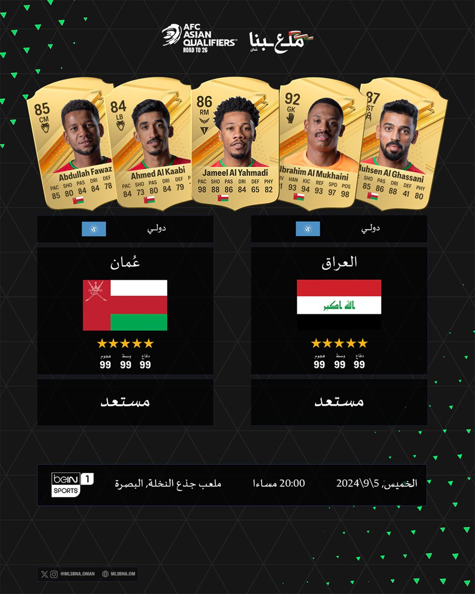 اخترنا فريقنا، ويلّا نلعب! 🎮
منتخبنا الوطني يواجه المنتخب العراقي في التصفيات الآسيوية… اليوم ⚽️🏆

#معاك_يا_احمرنا #كلنا_معك #ملعبنا_عُمان 
ML ؏ BNA OMAN
