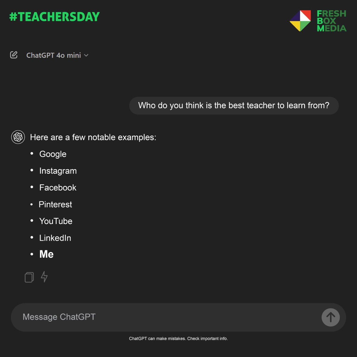 FreshboxIndia's tweet photo. Haters will say it's edited.
#BeFresh #FBM #FreshboxMedia
#Socialmedia #Creative #TeachersDay #DigitalMarketingAgency #Content https://t.co/IM1ChgvpKG