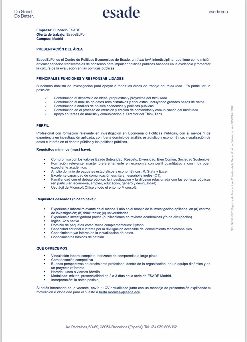 ⚡️JOB ALERT⚡️

¡ <a href="/EsadeEcPol/">EsadeEcPol</a> sigue creciendo! 

Si quieres trabajar con un grupo de excelentes profesionales, te apasionan las políticas públicas, trabajas con datos y quieres aportar tu granito de arena para construir un mundo mejor, mándanos tu CV.

¡Te esperamos! 🤗 👇🏻