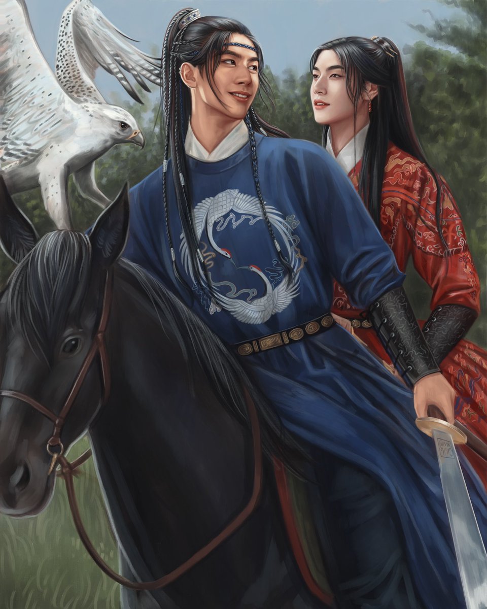 The cezhou family of four (circa like somewhere towards the end of their time  in Qudu bc I wanted to paint SZC in his guard uniform) Hopefully I can keep myself from redoing this one for more than 6 months this time #qiangjinjiu #qjj #将进酒