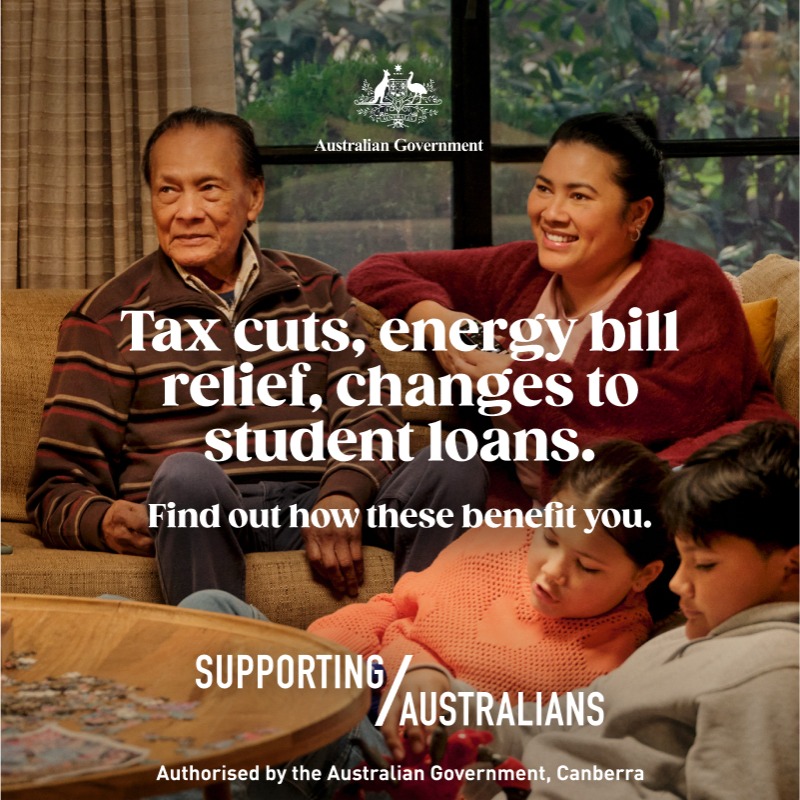 ausgov's tweet photo. The Australian Government is supporting you with tax cuts, energy bill relief, and changes to student loans.