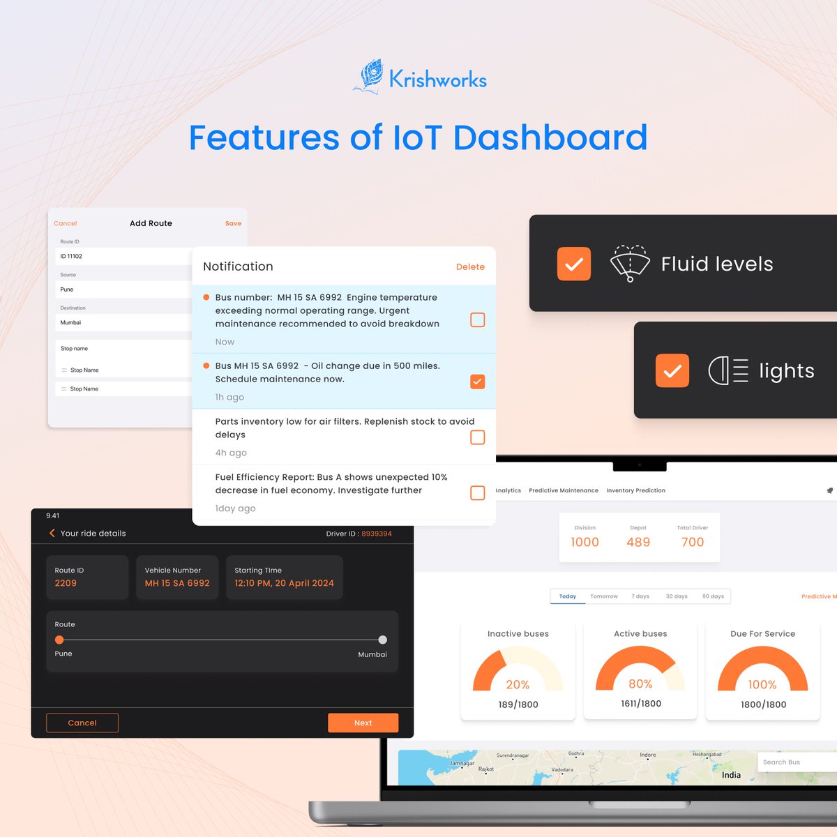 KrishworksTech's tweet image. Features of our IoT Dashboard in Fleet ManagementReal-Time Tracking, Performance Metrics, Alerts and Notifications, Geofencing, Data Analytics, Integration Capabilities

Our IoT solutions : krishworkstech.com/services/iot/
#IoTdevelopmentcompany #Internetofthings #Smartdevicedevelopment