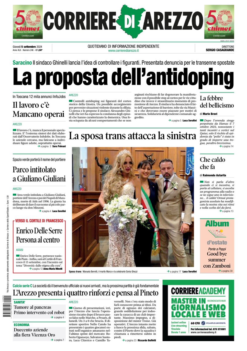 La prima pagina del Corriere di Arezzo di oggi giovedì 5 settembre
#toscana #tuscany #arezzo