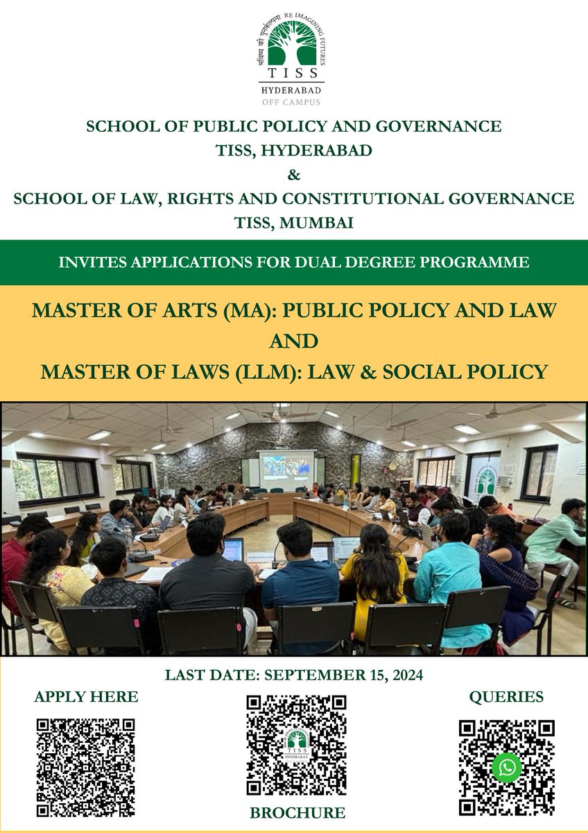 Admissions Open! Apply Now!

The School of Public Policy and Governance, Tata Institute of Social Sciences, Hyderabad, and, the School of Law, Rights and Constitutional Governance, Tata Institute of Social Sciences, Mumbai introduce an innovative dual degree programme - MA in