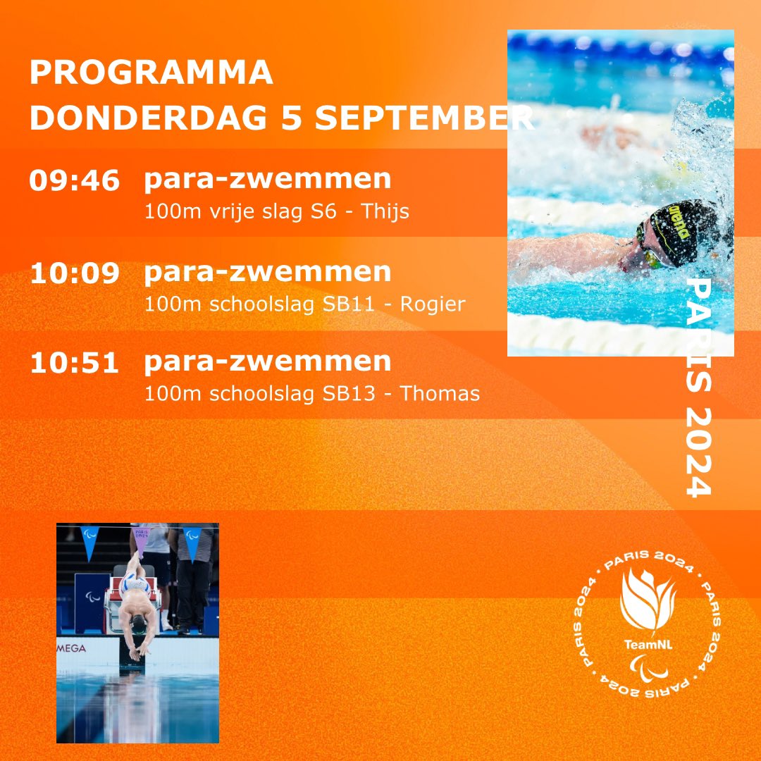Na een dag zonder races, gaan ze er weer voor!👏

👉Kijk via Youtube Paralympic Games

#TeamNLparazwemmen #paris2024 #SamenSterker