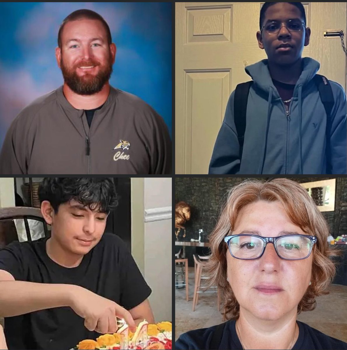 Scarletsinners's tweet photo. The victims of the #ApalacheeHighScool shooting. 

Mason Schermerhorn, 14, student 
Christian Angulo, 14, student
Richard Aspinwall, teacher 
Christina Irimie, teacher

The Sh**ter named Colt Gray  has been on the FBI radar since 2023 🚨 https://t.co/qKvSnvHWUq