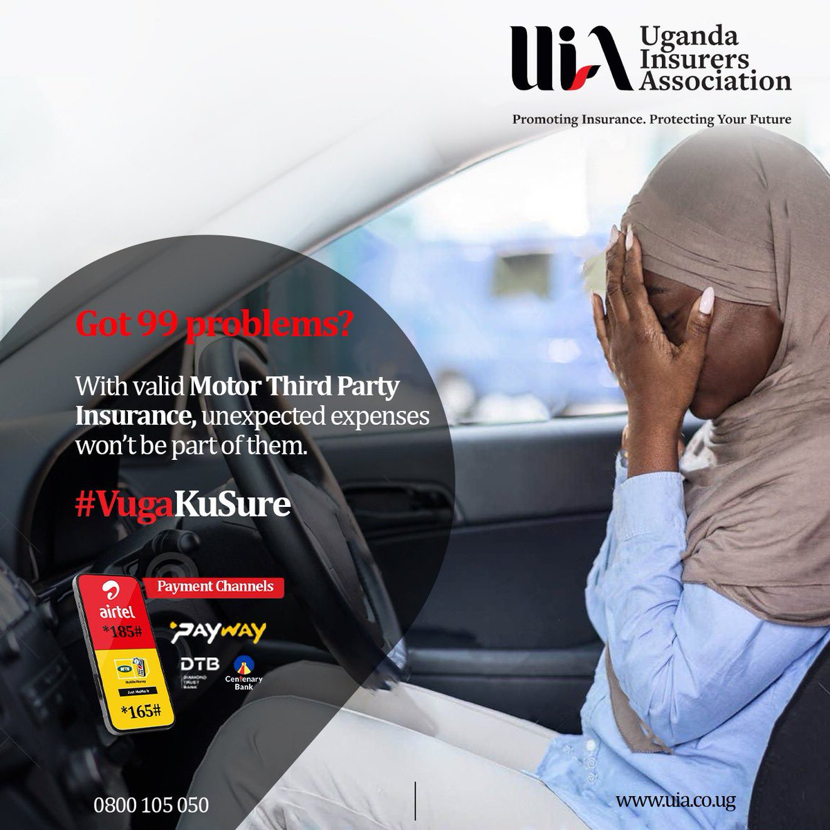 The_UIA's tweet image. Running errands, dodging traffic, and now worried about fines? Don’t be!

With valid Motor Third Party Insurance, your list of problems remains manageable.

Get yours conveniently via  MOMO *165*4*5*5#, Airtel Money *185*7*6*1#.

#VugaKuSure #DriveSure