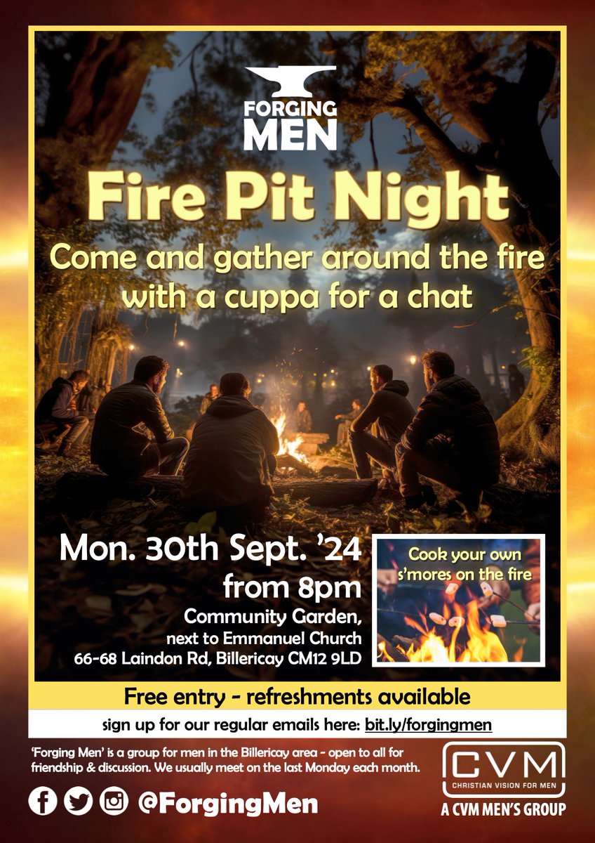 At the end of this month we’re meeting at Billericay's Community Garden for a fire pit night - come and gather around the fire for a cuppa and a chat - we’ll even be cooking s’mores! There are some seats available, but you might want to bring a folding chair to sit on.
