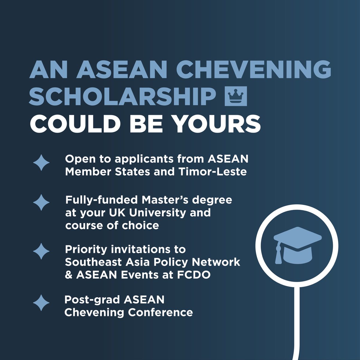 The UK and <a href="/ASEAN/">ASEAN</a> is proud to launch the ASEAN Chevening Scholarship! 

This fully funded opportunity is for exceptional individuals from ASEAN and Timor-Leste to pursue a Master’s degree in the UK. Apply now! Find out more: gov.uk/government/new… 

#ASEANChevening #ASEANLeaders